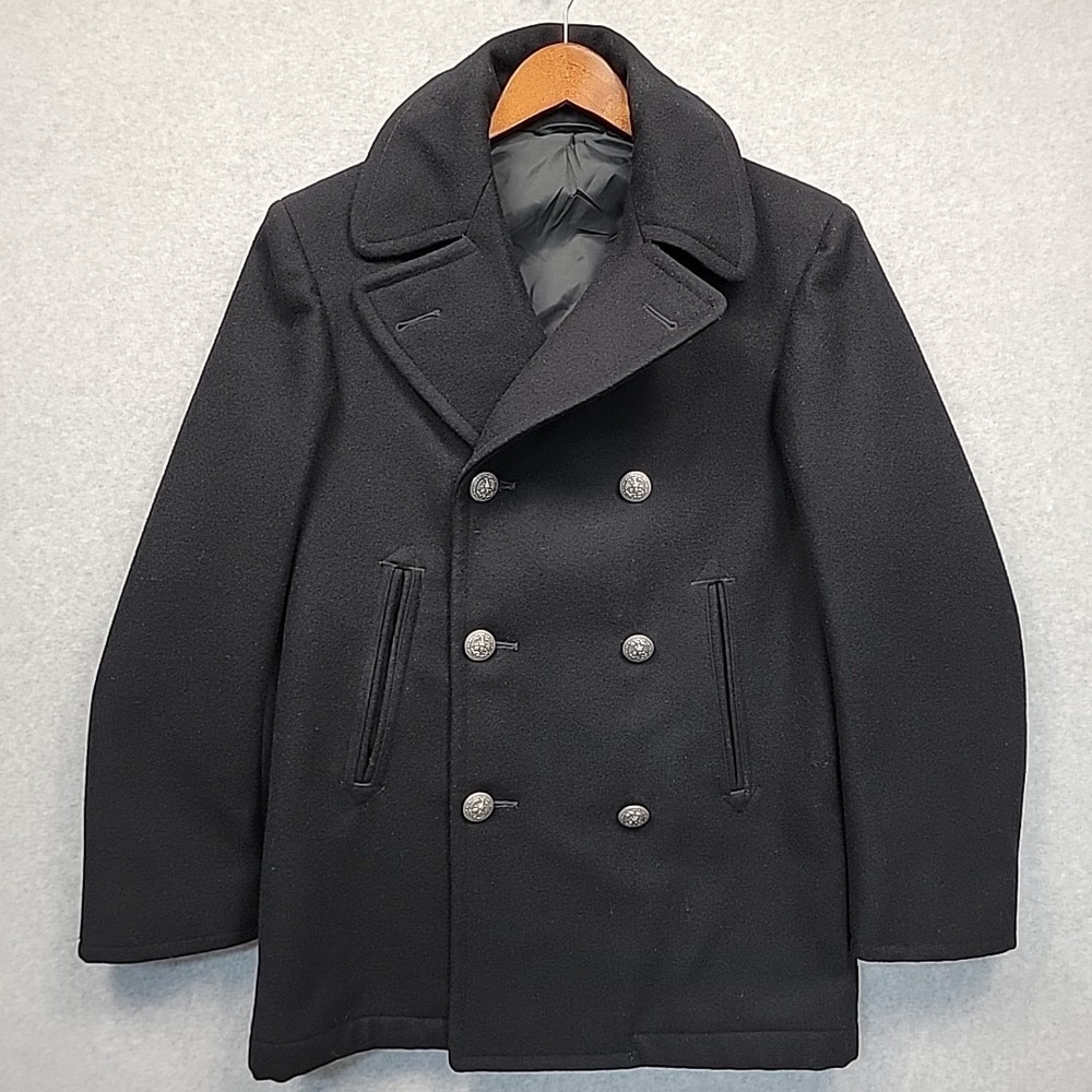 Vintage Military USA Navy Black Wool Peacoat Eagle Buttons Mens Size 36S Classic